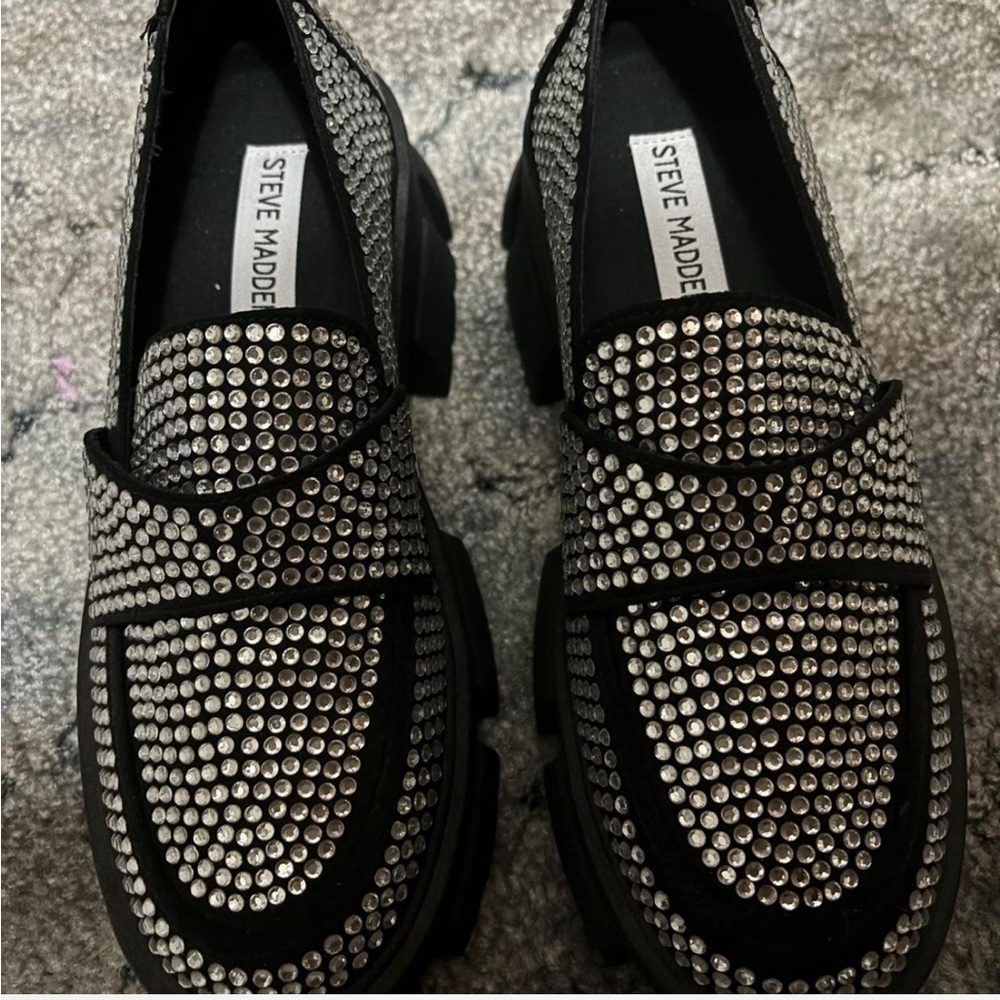 Steve Madden Black Rhinestone Embellished Loafers